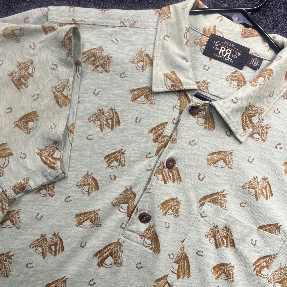 RRL Ralph Lauren Mens Large Sage Green Horse Print Slub Cotton Polo Shirt
